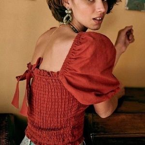 Sezane Loan Linen Smocked Puff Sleeve Top